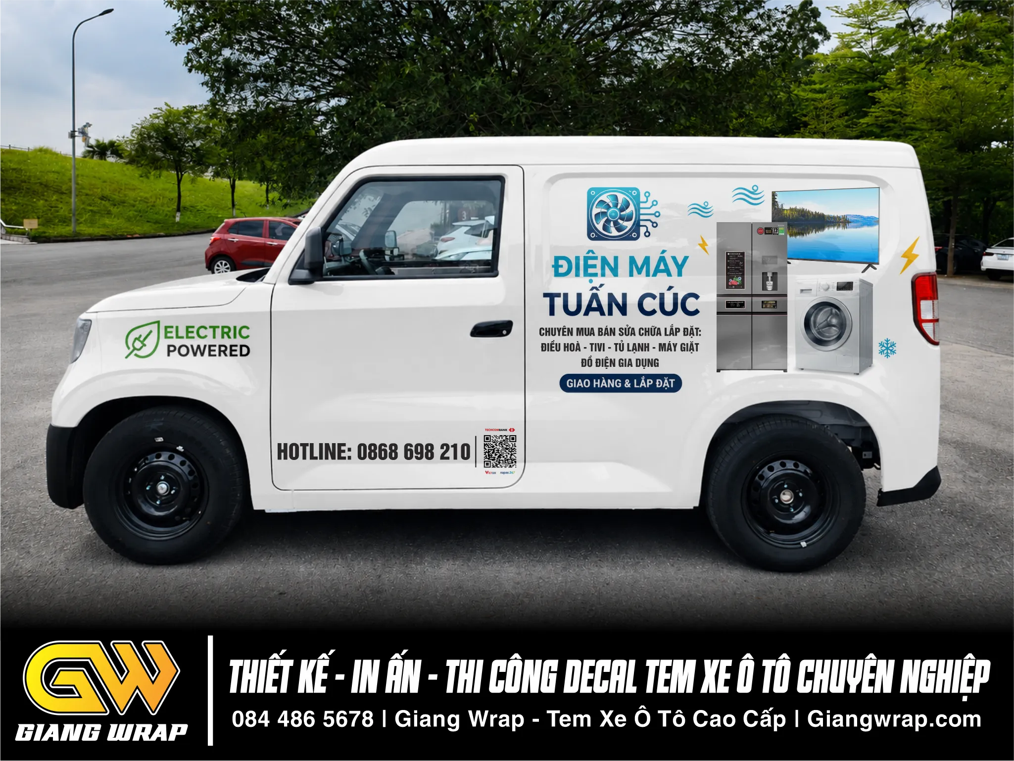 Mẫu decal quảng cáo điện máy điện lạnh trên xe ô tô