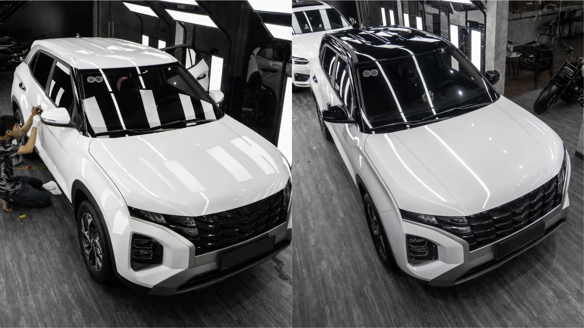Dán nóc xe ô tô Hyundai Creta trước và sau khi dán nóc xe ô tô